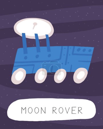 Learn space flashcard. Learning English words for kids. Cute hand drawn doodle educational card with moon rover. Preschool cosmos, universe learning material