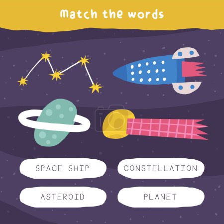 Photo for Learn space game for kids. Cute hand drawn doodle funny cosmos, universe, astronomy puzzle with planet, comet, rocket, constellation. Educational worksheet, mind task, riddle - Royalty Free Image