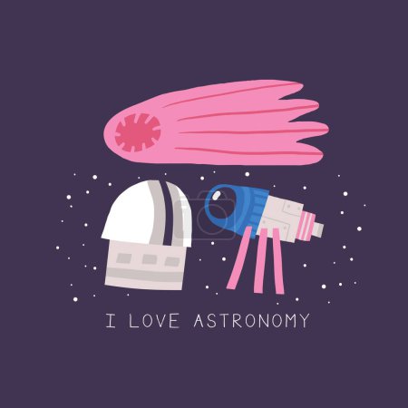 Photo for Cute space postcard with funny hand drawn doodle meteorite, telescope, observatory. I love astronomy card. Cosmic, universe, night sky cover, template, banner, poster, print. Cartoon style background for kids - Royalty Free Image