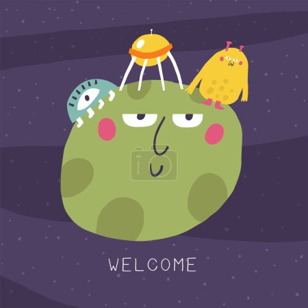 Illustration for Cute space postcard with funny hand drawn doodle . Welcome card. Cosmic, universe, night sky cover, template, banner, poster, print. Cartoon style background for kids - Royalty Free Image