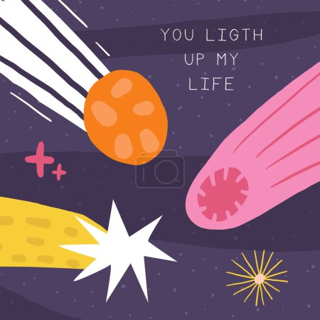 Illustration for Cute space postcard with funny hand drawn doodle comet, meteorite, bolide, falling star . You light up my life card. Cosmic, universe, night sky cover, template, banner, poster, print. - Royalty Free Image
