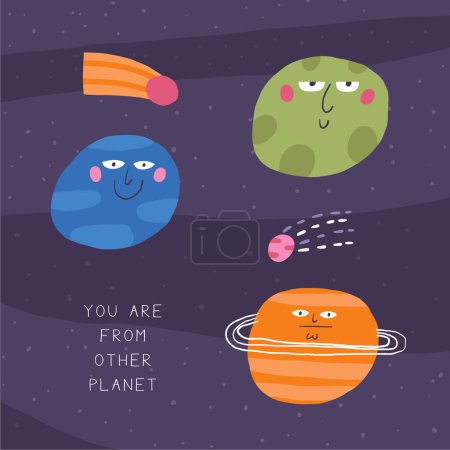 Téléchargez les illustrations : Jolie carte postale de l'espace avec de drôles de planètes dessinées à la main, Saturne, comète. Tu viens d'une autre planète. Cosmique, univers, couverture du ciel nocturne, modèle, bannière, affiche, impression. Fond de bande dessinée pour enfants - en licence libre de droit