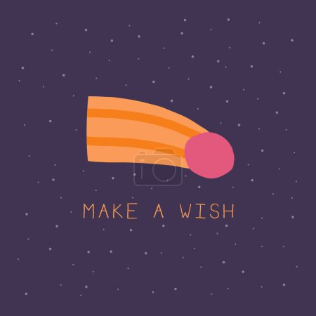 Cute space postcard with funny hand drawn doodle comet, meteorite, asteroid, bolide. Make a wish card. Cosmic, universe, night sky cover, template, banner, poster, print. Cartoon style background for kids