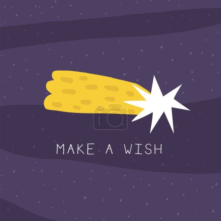 Niedliche Weltraum-Postkarte mit lustigem handgezeichneten Doodle-Kometen, Meteoriten, Asteroiden, Boliden. Machen Sie eine Wunschkarte. Kosmische, Universum, Nachthimmel Cover, Vorlage, Banner, Poster, Druck. Hintergrund im Cartoon-Stil für Kinder