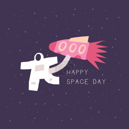 Photo for Cute space postcard with funny hand drawn doodle spacecraft, spaceship, cosmonaut, astronaut. Happy space day card. Cosmic, universe, night sky cover, template, banner, poster, print. Cartoon style background for kids - Royalty Free Image