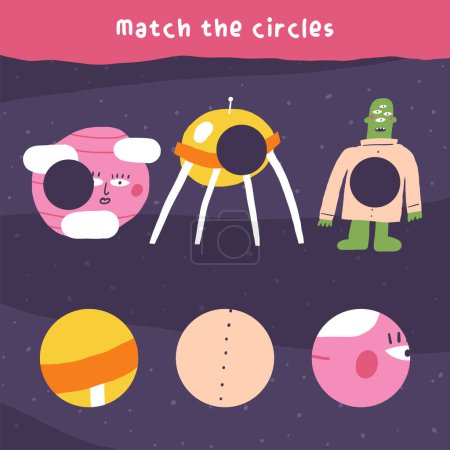 Illustration for Learn space game for kids. Cute hand drawn doodle funny cosmos, universe, astronomy puzzle with alien, ufo, venus planet, satellite. Educational worksheet, mind task, riddle, strategy quiz - Royalty Free Image