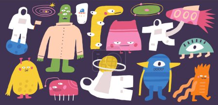 Photo for Cute funny hand drawn doodle alien, Martian, humanoid, cosmonaut, spaceman, mascot, ufo, stranger, beast, monster, characters set Cartoon style background poster banner for kids - Royalty Free Image