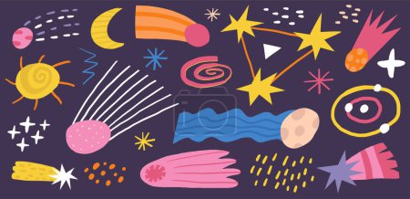 Téléchargez les illustrations : Mignon espace drôle main dessinée doodle comète, météorite, astéroïde, bolide ensemble. Cosmique, univers, étoiles du ciel nocturne, voie lactée, constellation. univers de style bande dessinée à l'intérieur de vous fond - en licence libre de droit