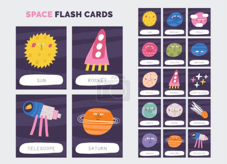 Illustration for Learn space flashcard set. Learning English words for kids. Cute hand drawn doodle educational cards with planets, comet, rocket, characters, telescope. Preschool cosmos, universe learning material - Royalty Free Image