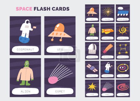 Photo for Learn space flashcard set. Learning English words for kids. Cute hand drawn doodle educational cards with cosmonaut, alien, ufo, moon rover, star, galaxy. Preschool cosmos, universe learning material - Royalty Free Image