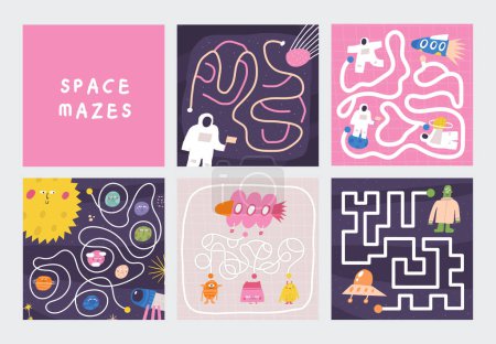 Photo for Cute space doodle mazes set with cosmonaut, alien, planets, ufo, spaceship, rocket. Cosmos, universe puzzle for kids, children. Funny cartoon style labyrinth with adorable characters - Royalty Free Image