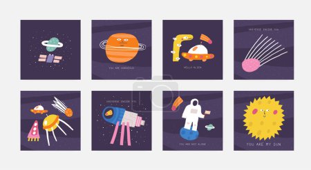 Photo for Cute space postcard with funny hand drawn doodle sun, saturn, comet, ufo, telescope, cosmonaut. Cosmic, universe, night sky cover, template, banner, poster, print. Cartoon style background, t shirt print composition for kids - Royalty Free Image