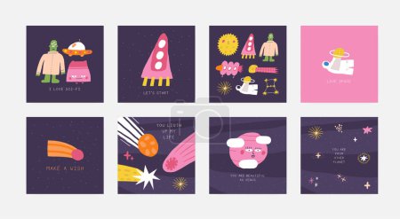 Photo for Cute space postcard with funny hand drawn doodle rocket, cosmonaut, comet, venus, alien. Cosmic, universe, night sky cover, template, banner, poster, print. Cartoon style background, t shirt print composition for kids - Royalty Free Image