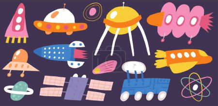 Illustration for Cute cosmos, space, universe transportation set. Funny hand drawn doodle aircraft, vehicle, spacecraft, galaxy, technology, spaceship, ufo Night sky theme background - Royalty Free Image