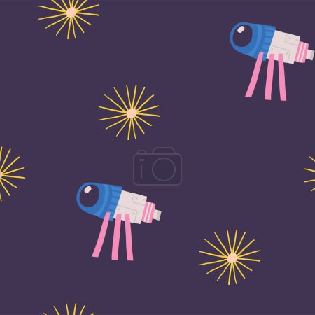 Illustration for Cute cosmos, space, universe seamless pattern. Funny hand drawn doodle repeatable pattern with stars, telescope .Night sky theme background - Royalty Free Image