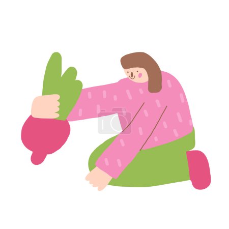Téléchargez les illustrations : Une icône de femme. Jolie main dessinée doodle femme isolée. Fille plantation de légumes fond - en licence libre de droit