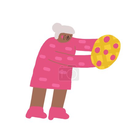 Ilustración de Icono de persona mayor. Linda mano dibujada garabato abuela aislada. Vieja, mujer con pizza, pastel, fondo de comida - Imagen libre de derechos