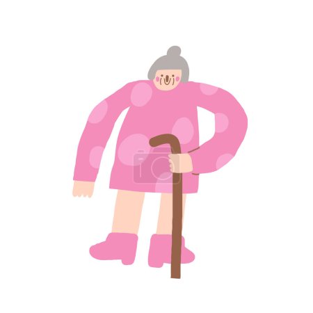 Illustration for Old person icon. Cute hand drawn doodle isolated grandmother. Old lady, woman with stick background - Royalty Free Image