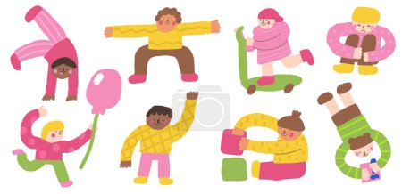 Illustration for Kids icons. Cute hand drawn doodle isolated children. Boy and girl poses. Kid playing, riding, drawing, kid with balloon. - Royalty Free Image