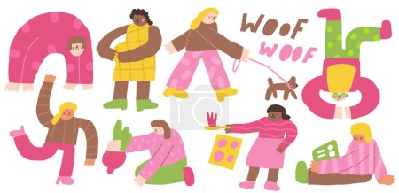 Ilustración de Conjunto de iconos de mujeres. Linda mano dibujada garabato mujer aislada. Bailarina, embarazada, cocinera, trabajando, plantando, relajándose, paseando con la perrita, haciendo yoga - Imagen libre de derechos