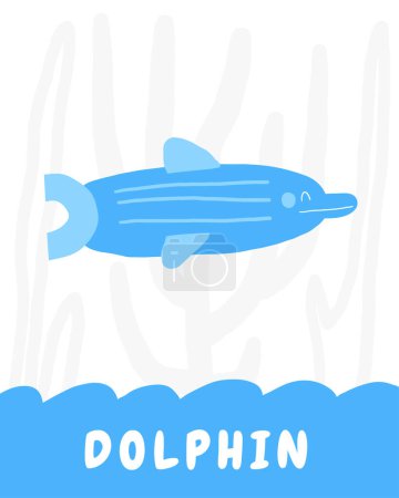 Lernen Sie Unterwasser-Karteikarte. Englische Wörter für Kinder lernen. Niedliche handgezeichnete Doodle-Lernkarte mit Delfinfisch-Charakter. Vorschule unter Wasser, Lernmaterial für Meereslebewesen