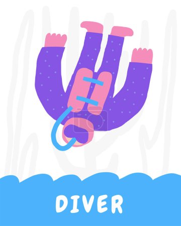 Photo for Learn underwater flashcard. Learning English words for kids. Cute hand drawn doodle educational card with diver character. Preschool under sea, ocean life learning material - Royalty Free Image