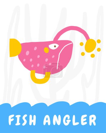 Photo for Learn underwater flashcard. Learning English words for kids. Cute hand drawn doodle educational card with fish angler character. Preschool under sea, ocean life learning material - Royalty Free Image