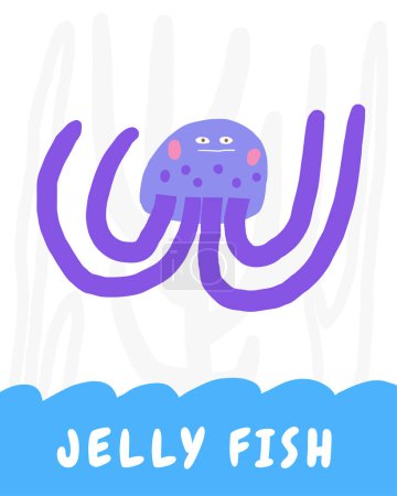 Ilustración de Aprende a usar tarjetas submarinas. Aprender palabras en inglés para niños. Bonita tarjeta educativa garabato dibujado a mano con carácter de medusa de mar. Preescolar bajo el mar, material de aprendizaje de la vida marina - Imagen libre de derechos