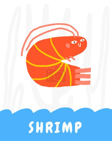 Illustration for Learn underwater flashcard. Learning English words for kids. Cute hand drawn doodle educational card with shrimp character. Preschool under sea, ocean life learning material - Royalty Free Image
