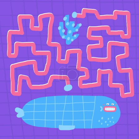 Mignon labyrinthe de gribouillis d'océan avec rorqual bleu, corail, plante marine, herbe marine. Puzzle de fond sous-marin récif pour les enfants, les enfants. Labyrinthe drôle de style dessin animé avec des personnages adorables