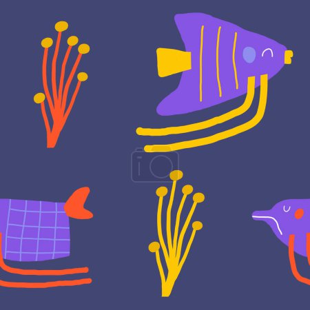 Foto de Lindo océano patrón inconsútil bajo el agua. Divertido patrón repetible garabato dibujado a mano con angelfish, peces, planta marina, seeweed. Fondo temático vida arrecife océano - Imagen libre de derechos