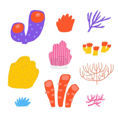 Photo for Cute underwater postcard with funny hand drawn doodle coral, sponge, sea weed, sea plant. Sea, ocean bottom reef cover, template, banner, poster, print. Cartoon style background for kids - Royalty Free Image