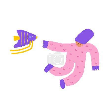 Téléchargez les illustrations : Carte postale sous-marine mignonne avec drôle de poisson ange gribouillé dessiné à la main, plongeur. Mer, océan fond récif couverture, modèle, bannière, affiche, impression. Fond de style bande dessinée pour les enfants - en licence libre de droit