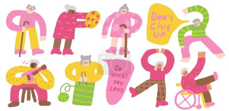 Photo for Old persons icon. Cute hand drawn doodle isolated grandfather, grandmother. Old gentleman, man, lady, women, men walking with stick, playing guitar, dancing, doing yoga, cooking pie, sitting in wheel chair, knitting. - Royalty Free Image