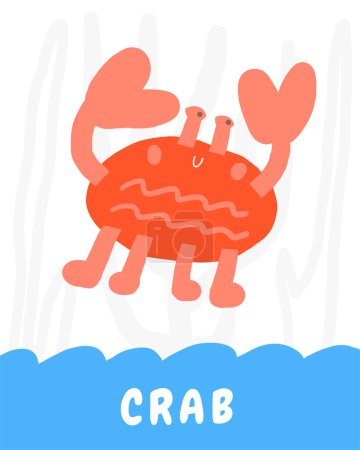 Photo for Learn underwater flashcard. Learning English words for kids. Cute hand drawn doodle educational card with crab character. Preschool under sea, ocean life learning material - Royalty Free Image