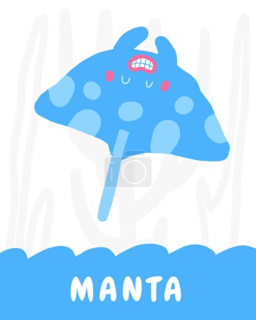 Photo for Learn underwater flashcard. Learning English words for kids. Cute hand drawn doodle educational card with manta, stingray, electric ray character. Preschool under sea, ocean life learning material - Royalty Free Image