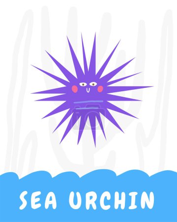 Foto de Aprende a usar tarjetas submarinas. Aprender palabras en inglés para niños. Bonita tarjeta educativa garabato dibujado a mano con erizo de mar. Preescolar bajo el mar, material de aprendizaje de la vida marina - Imagen libre de derechos