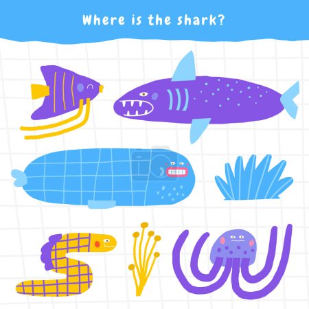 Photo for Learn ocean life game for kids. Cute hand drawn doodle funny underwater, sea puzzle with whale, shark, fish, eel, seaweed, sea plant, jellyfish. Educational worksheet, mind task, riddle, strategy quiz, mental teaser, challenge - Royalty Free Image