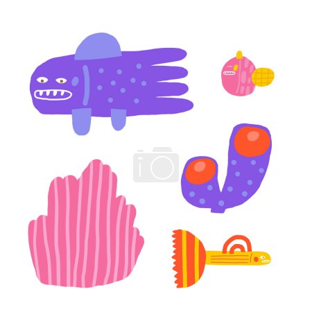Photo for Cute underwater postcard with funny hand drawn doodle fish, coral, sea weed, sea plant, sponge. Sea, ocean bottom reef cover, template, banner, poster, print. Cartoon style background for kids - Royalty Free Image