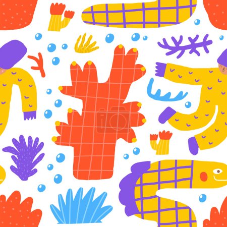 Téléchargez les illustrations : Mignon océan sous-marin motif sans couture. Drôle de dessin à la main motif reproductible doodle avec plongeur, nageur, poisson, algue, plante marine, anguille, bulles. Océan récif vie thème fond - en licence libre de droit