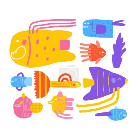 Foto de Bonita postal submarina con divertido garabato dibujado a mano. Mar, cubierta del arrecife del fondo del océano, plantilla, bandera, cartel, impresión. Fondo de estilo de dibujos animados para niños - Imagen libre de derechos