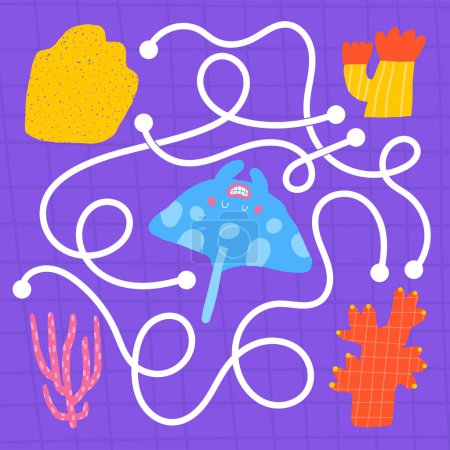 Cute ocean doodle maze with coral, seaweed, sea plant, sting ray. Underwater reef bottom puzzle for kids, children. Funny cartoon style labyrinth with adorable characters