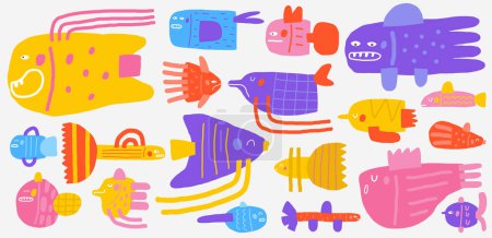 Cute underwater fish set with funny hand drawn doodle fish characters collection, angelfish, guppy, bass. Sea, ocean bottom reef clip art. Cartoon style aquarium creatures for kids