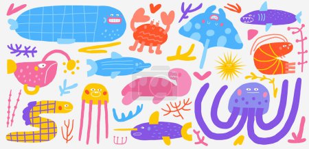 Cute underwater set with funny hand drawn doodle fish, whale, coral, sea weed, sea plant, shark, eel, turtle, stingray, swordfish, jellyfish, dolphin, fish angler. Sea ocean bottom reef clipart