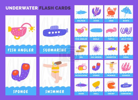 Learn underwater flashcards set. Learning English words for kids. Cute doodle educational card with dolphin, fish, whale, shark, shrimp, diver, coral, submarine. Preschool ocean life learning material