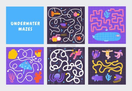Cute ocean doodle mazes set with blue whale, coral, sea plant ,sea weed, diver, swimmer, fish. Underwater reef bottom puzzle for kids, children. Funny cartoon style labyrinth with adorable characters