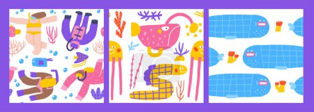 Mignon océan sous-marin motifs sans couture ensemble. Drôle de dessin à la main motif reproductible doodle avec algues, plante marine, corail, éponge, récif, baleine, pêcheur de poissons, anguille, plongeur, nageur. Océan récif vie thème fond