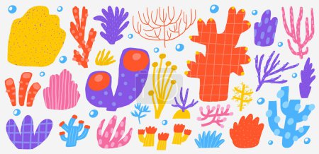 Illustration for Cute underwater set with funny hand drawn doodle coral, sponge, sea weed, sea plant. Sea, ocean bottom reef objects collection, clipart. Cartoon style background - Royalty Free Image