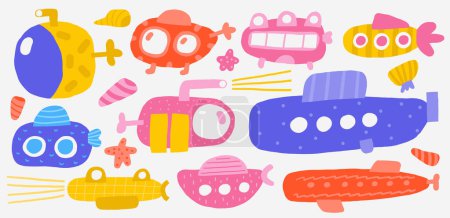 Cute underwater set with funny hand drawn doodle submarine, bathyscaphe, sub collection. Sea, ocean bottom reef transport clipart. Cartoon style background