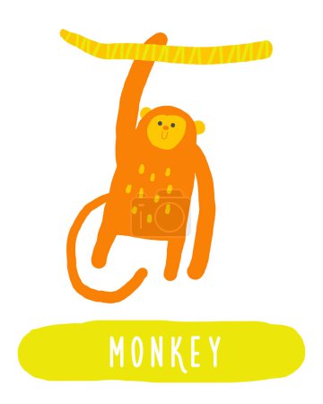 Learn jungle forest flashcard. Learning English words for kids. Cute hand drawn doodle educational card with monkey on branch. Preschool rain forest, wild nature learning material